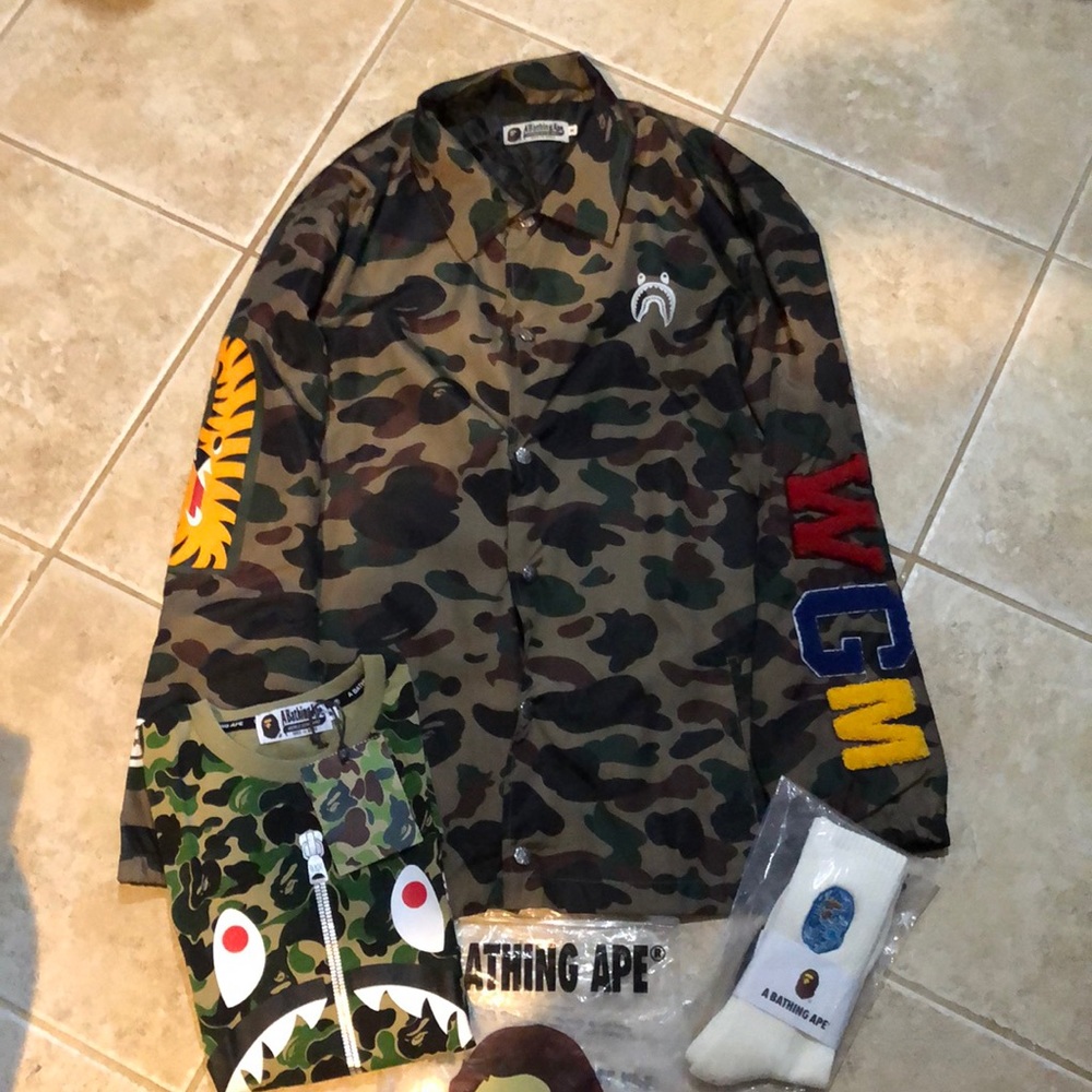 BAPE “A BATHING APE” 3 Piece Bundle CAMO Jacket, COMBO Tee W/EXTRA OG SOCKS/Bag